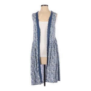 Anthro JAASE Sleeveless Cardigan Size XS Blue Longer Length Crochet Open Front